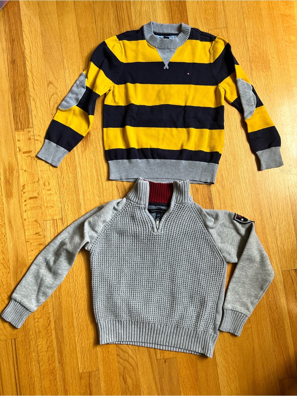 (Lot of 2) Tommy Hilfiger size 8/10 sweaters with arm patches 100% Cotton